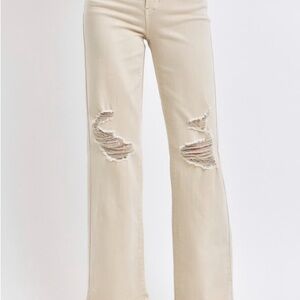 Judy Blue Cream Distressed Flare Jeans